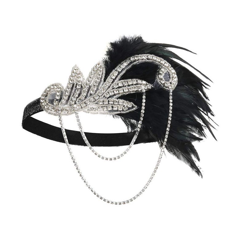 JISEN 1920s Flapper Vintage Feather Gatsby Crystal Headpiece Black - Image 1